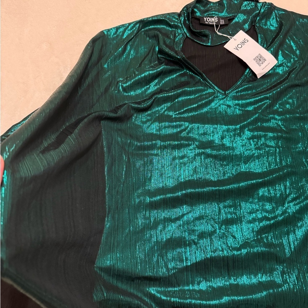 YOINS Metallic Teal Blouse Large - Picture 4 of 8